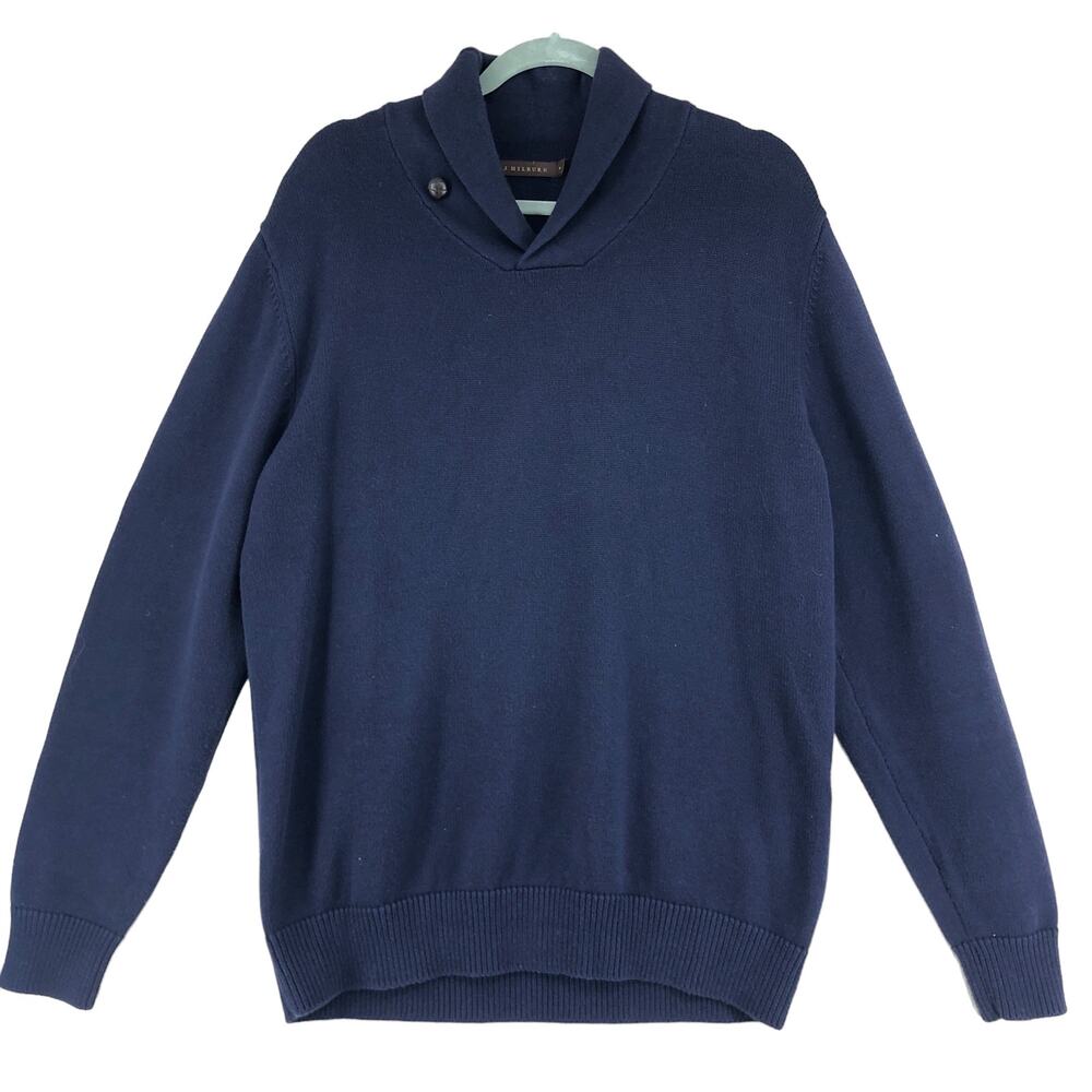 J Hilburn Mens Size M Cashmere Blend Sweater Buttoned Shawl Collared Navy Blue